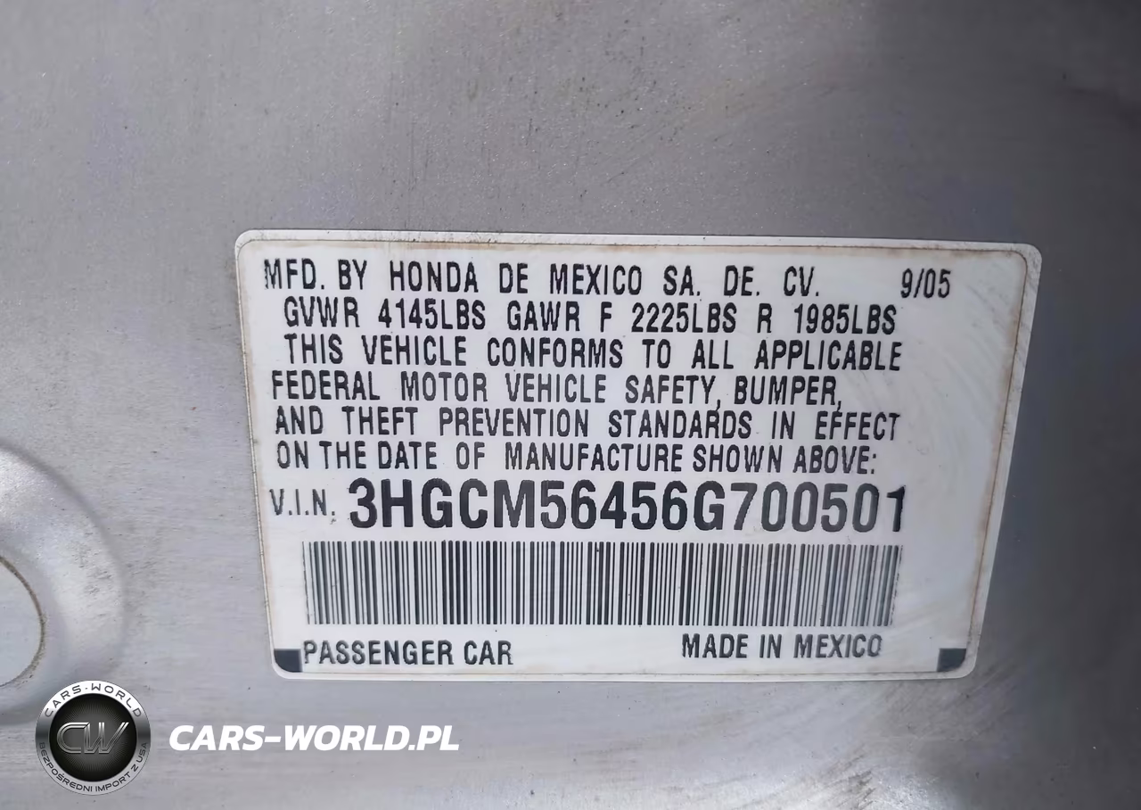 2006 Honda Accord 2.4 Lx VIN:3HGCM56456G700501 - 9