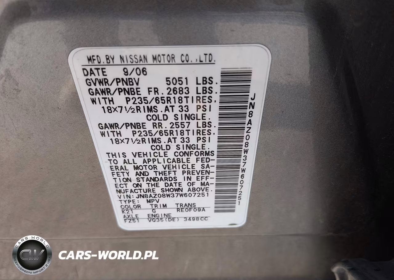 2007 Nissan Murano Sl VIN:JN8AZ08W37W607251 - 9