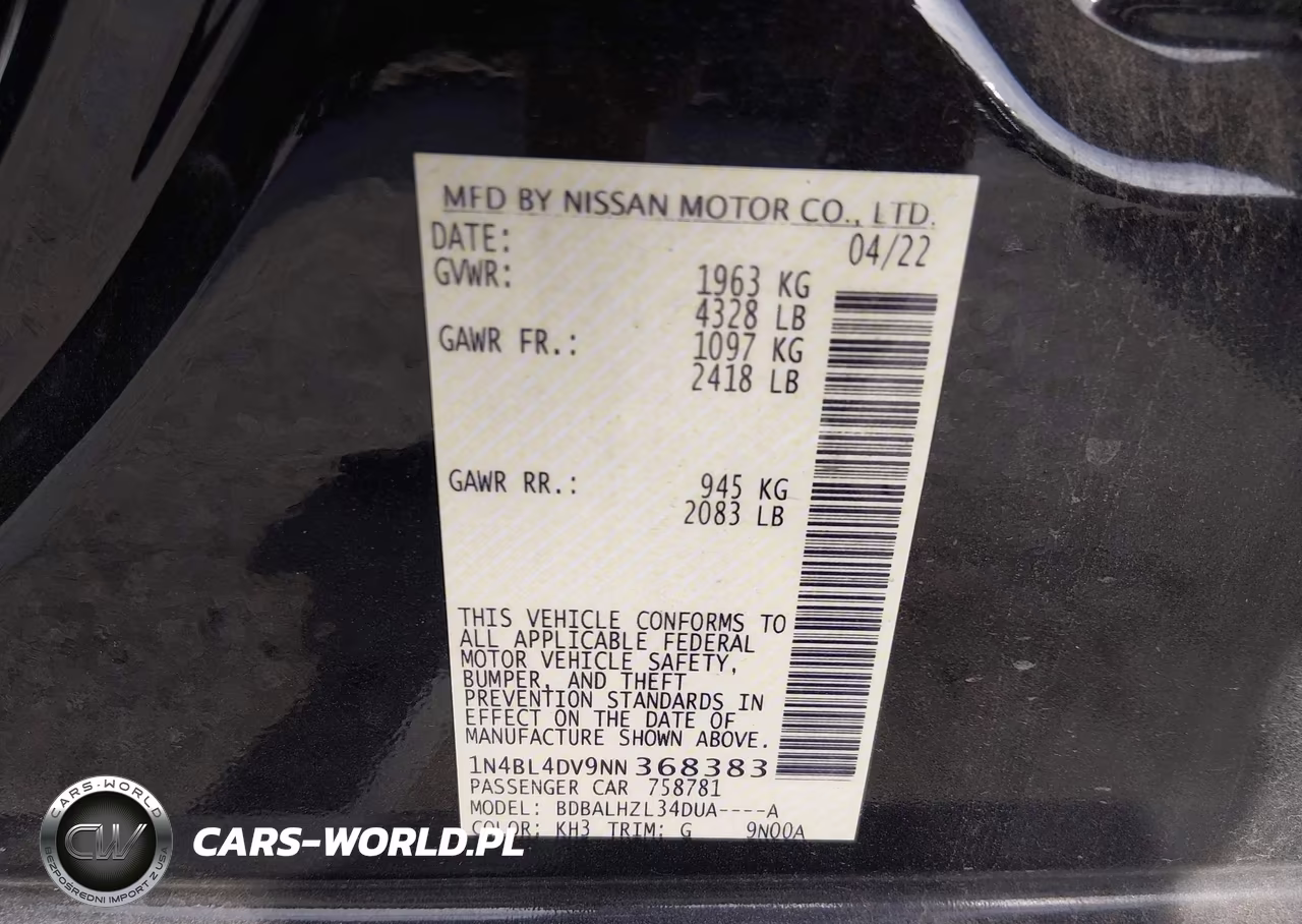 2022 Nissan Altima Sv Fwd VIN:1N4BL4DV9NN368383 - 9