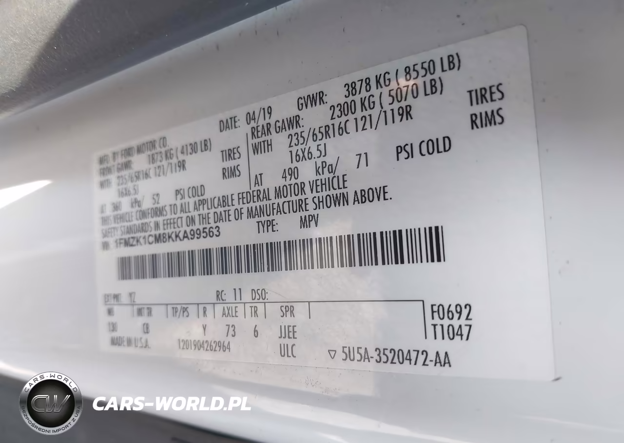 2019 Ford Transit-150 Xlt VIN:1FMZK1CM8KKA99563 - 9
