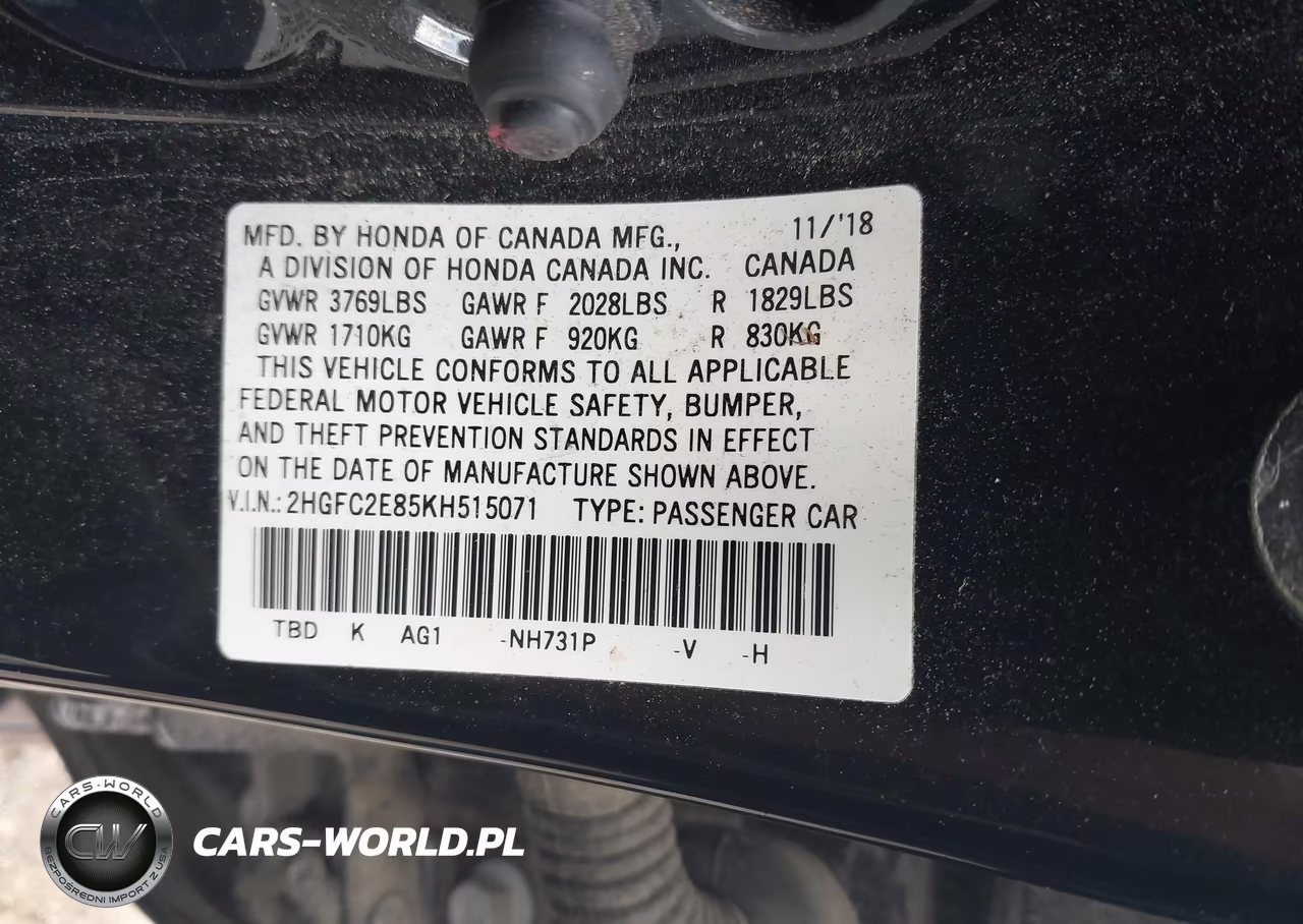 2019 Honda Civic Sport VIN:2HGFC2E85KH515071 - 9