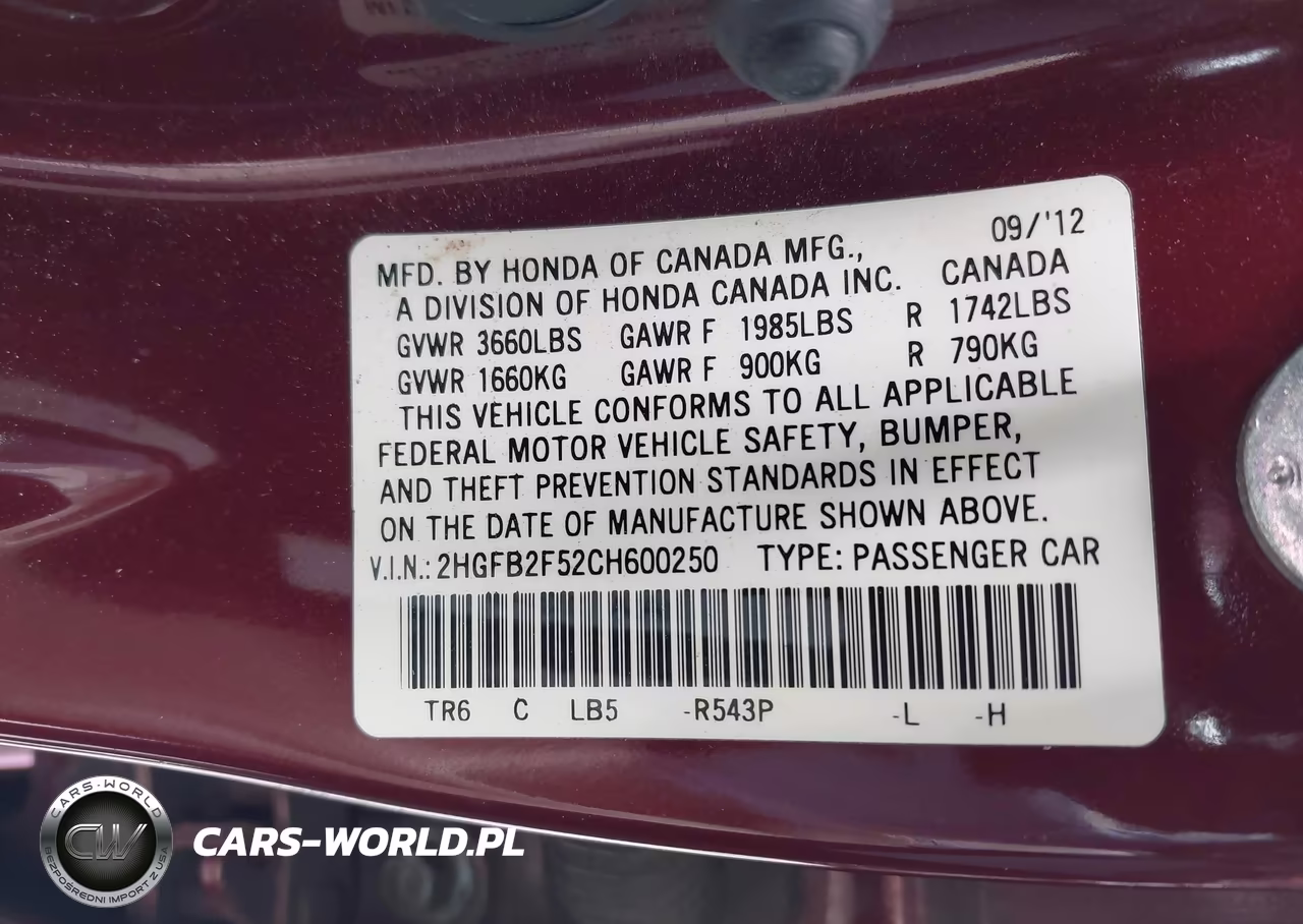 2012 Honda Civic Lx VIN:2HGFB2F52CH600250 - 9