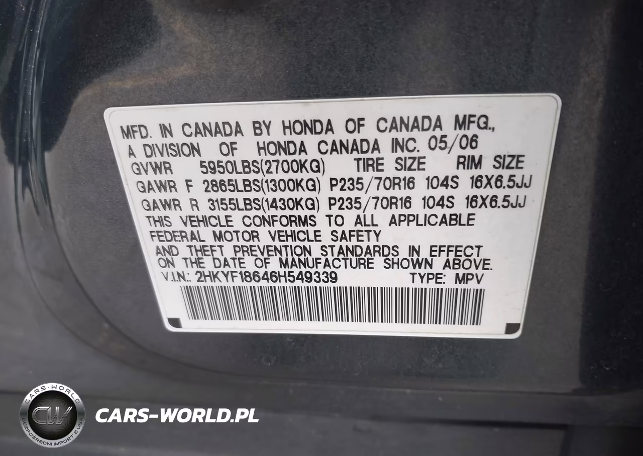 2006 Honda Pilot Ex-L VIN:2HKYF18646H549339 - 9