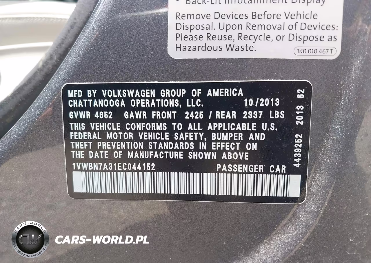 2014 Volkswagen Passat 2.0L Tdi Se VIN:1VWBN7A31EC044152 - 9