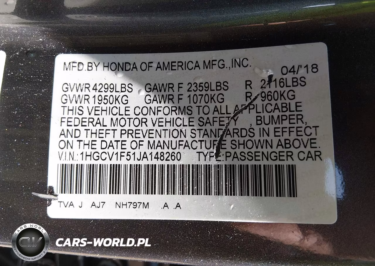 2018 Honda Accord Ex-L VIN:1HGCV1F51JA148260 - 9
