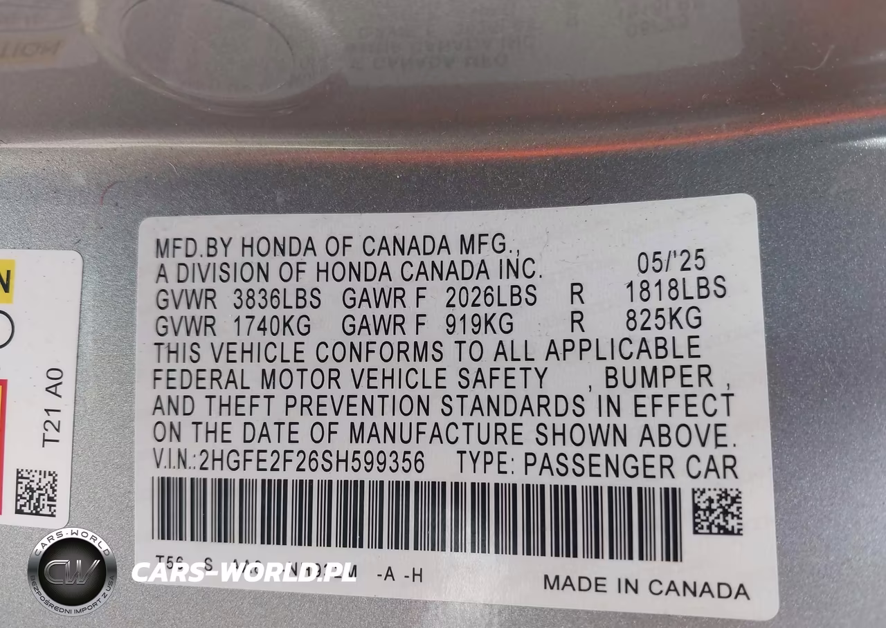 2025 Honda Civic Lx VIN:2HGFE2F26SH599356 - 9