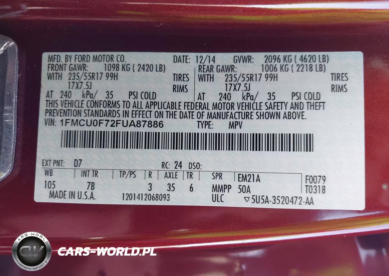 2015 Ford Escape S VIN:1FMCU0F72FUA87886 - 9