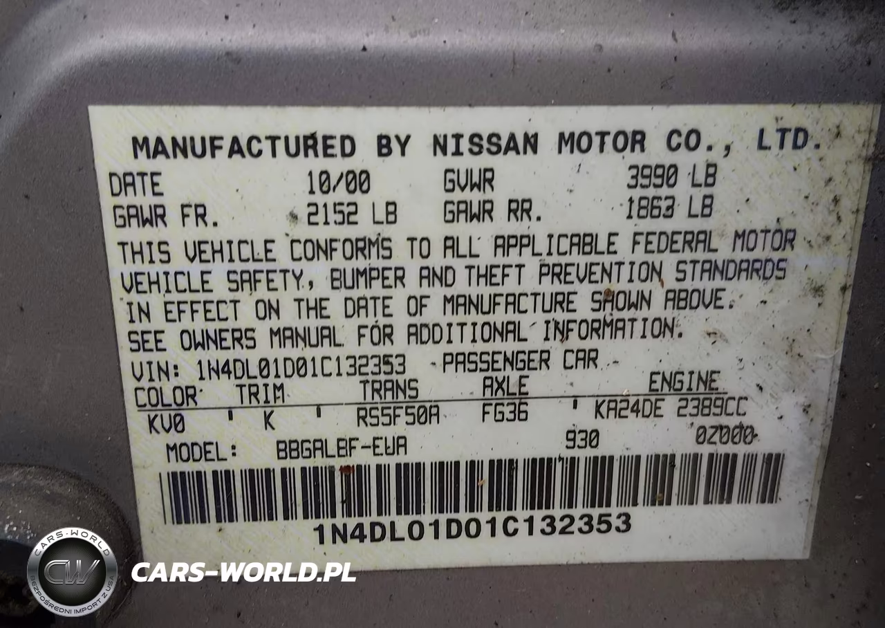 2001 Nissan Altima Gxe VIN:1N4DL01D01C132353 - 9