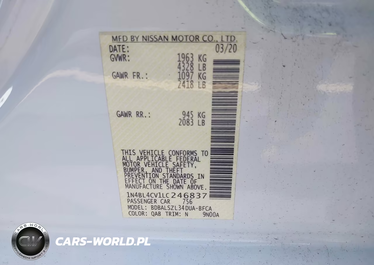 2020 Nissan Altima Sr Fwd VIN:1N4BL4CV1LC246837 - 9