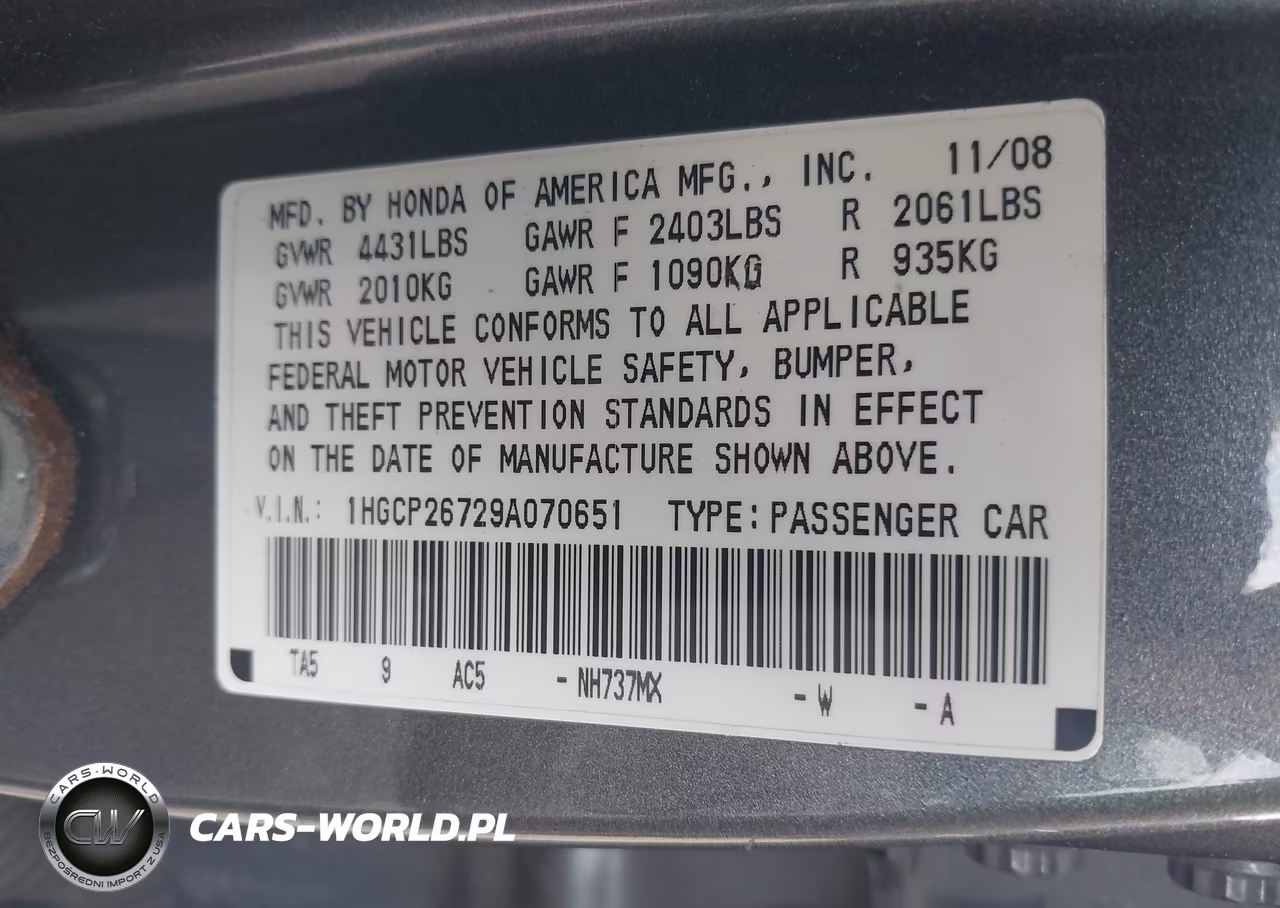 2009 Honda Accord 2.4 Ex VIN:1HGCP26729A070651 - 9