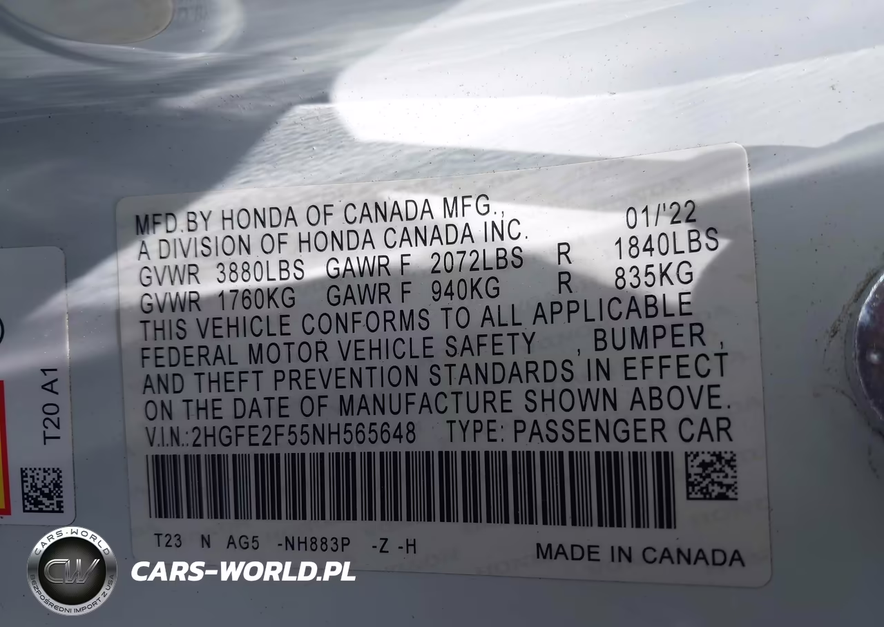 2022 Honda Civic Sport VIN:2HGFE2F55NH565648 - 9