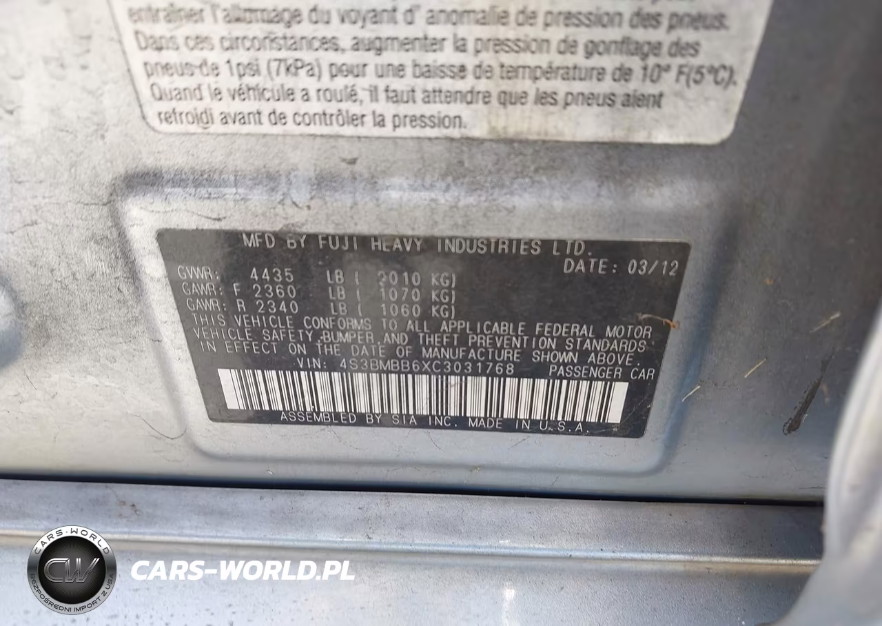2012 Subaru Legacy 2.5I Premium VIN:4S3BMBB6XC3031768 - 9