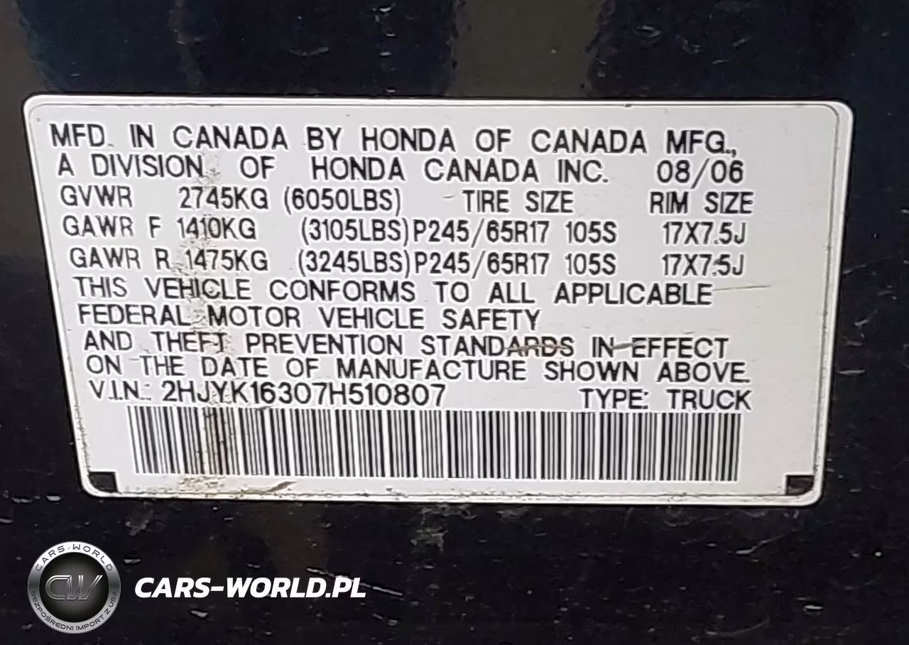 2007 Honda Ridgeline Rtx VIN:2HJYK16307H510807 - 9