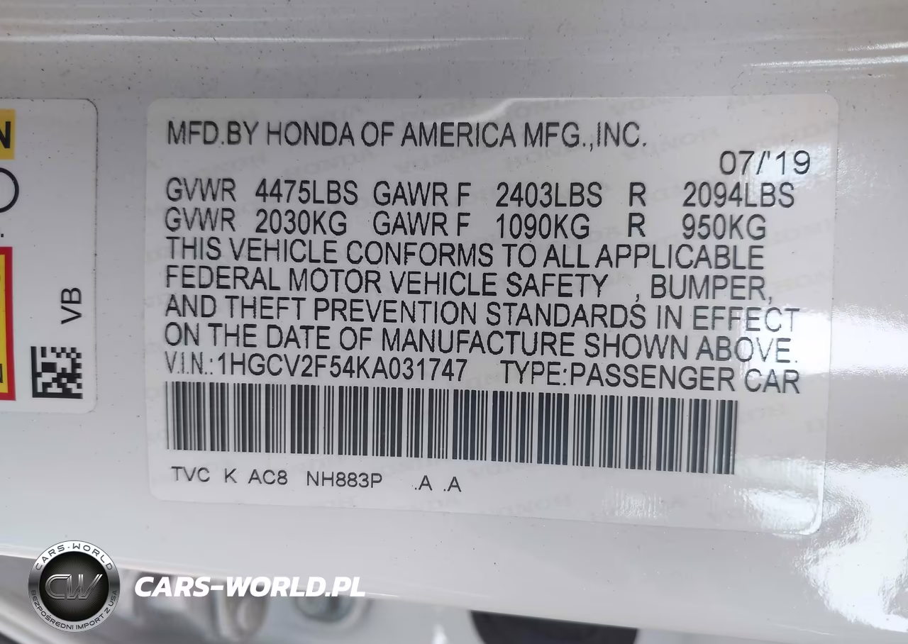2019 Honda Accord Ex-L 2.0T VIN:1HGCV2F54KA031747 - 9