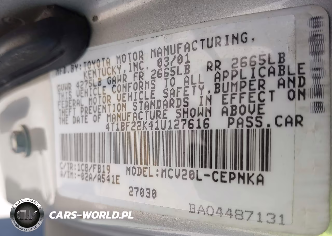 2001 Toyota Camry Le V6 VIN:4T1BF22K41U127616 - 9
