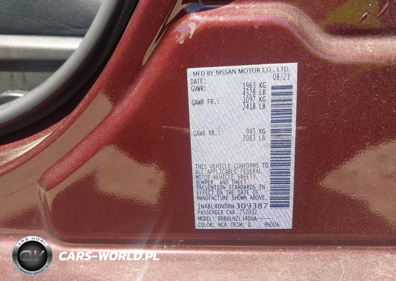 2024 Nissan Altima Sv Fwd VIN:1N4BL4DV0RN309387 - 9