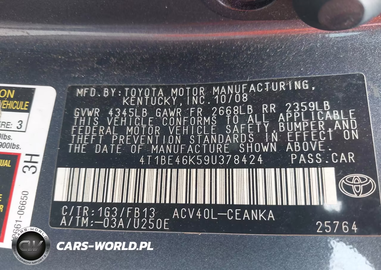 2009 Toyota Camry Le VIN:4T1BE46K59U378424 - 9