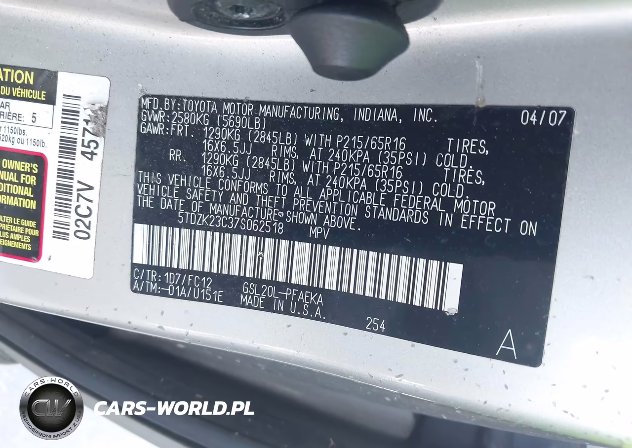 2007 Toyota Sienna Le VIN:5TDZK23C37S062518 - 9