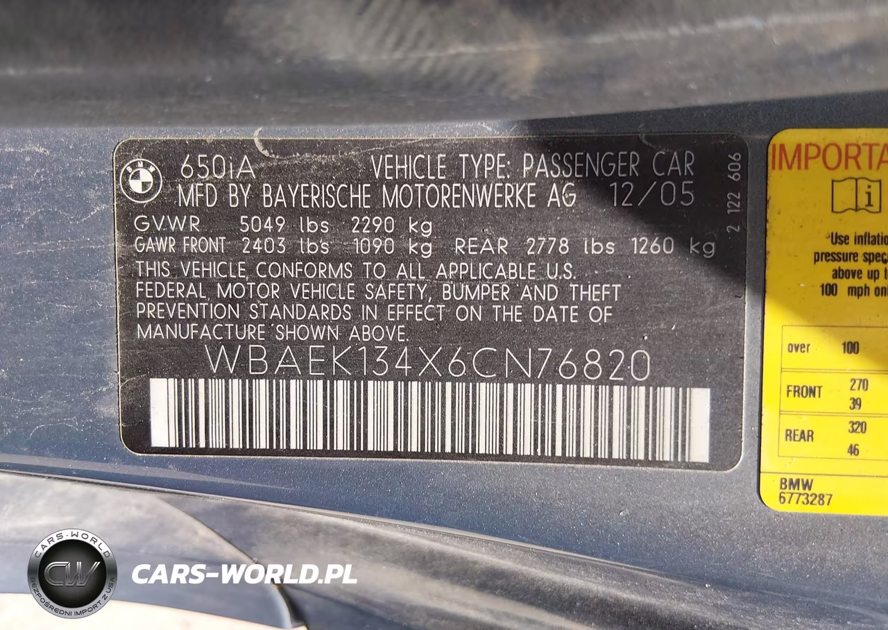 2006 BMW 650I VIN:WBAEK134X6CN76820 - 9