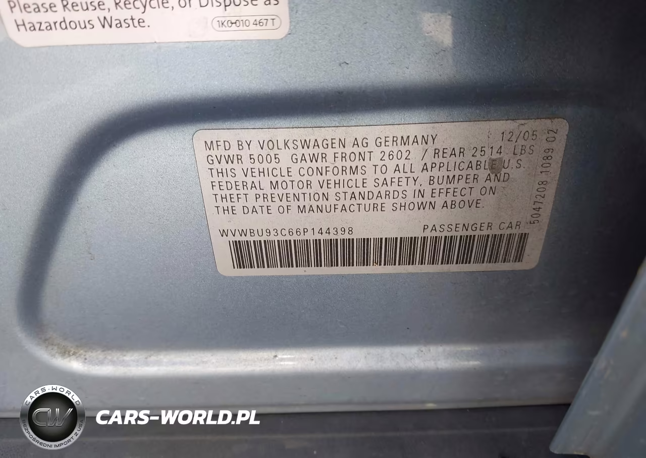 2006 Volkswagen Passat 3.6 VIN:WVWBU93C66P144398 - 9