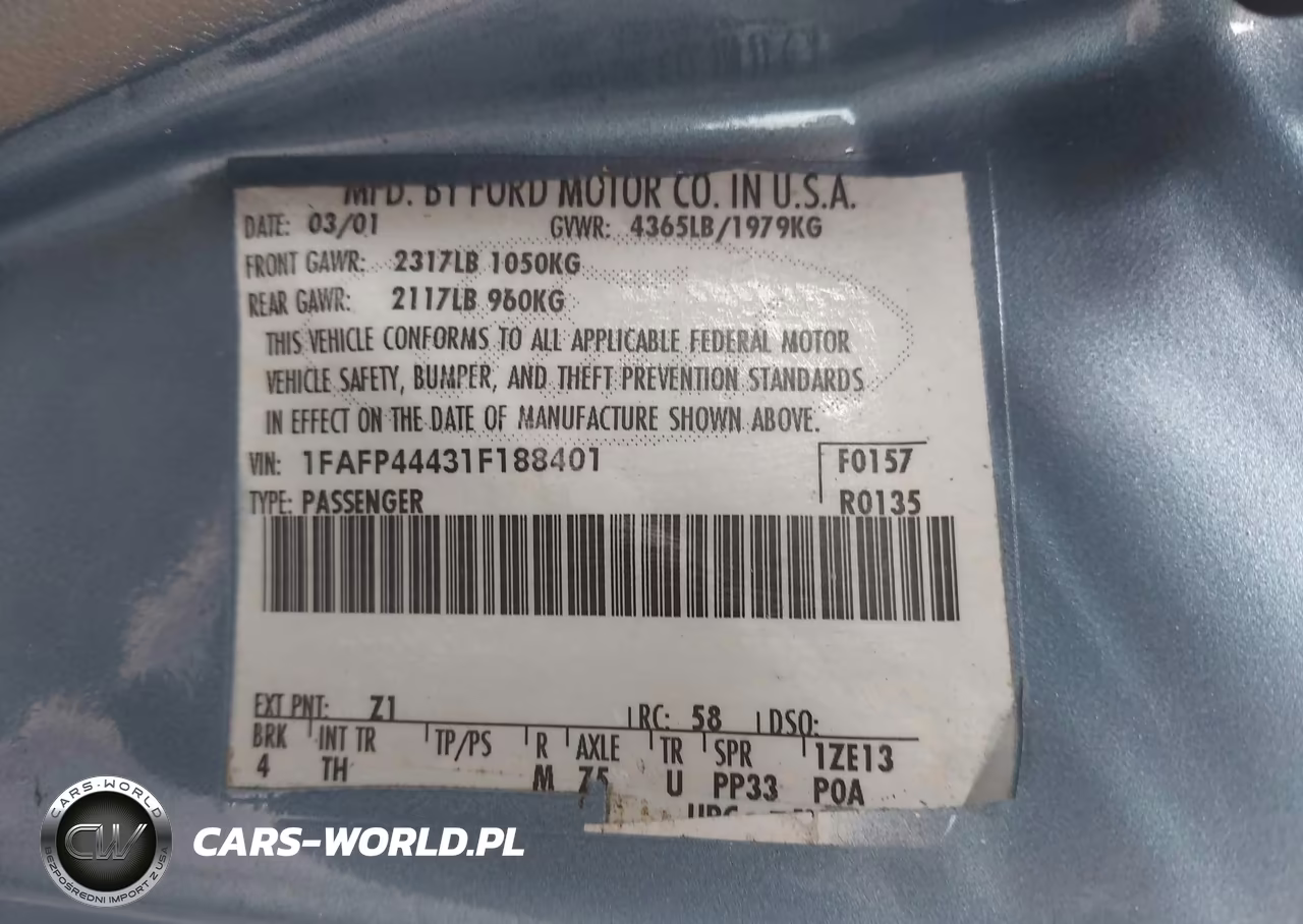 2001 Ford Mustang VIN:1FAFP44431F188401 - 9