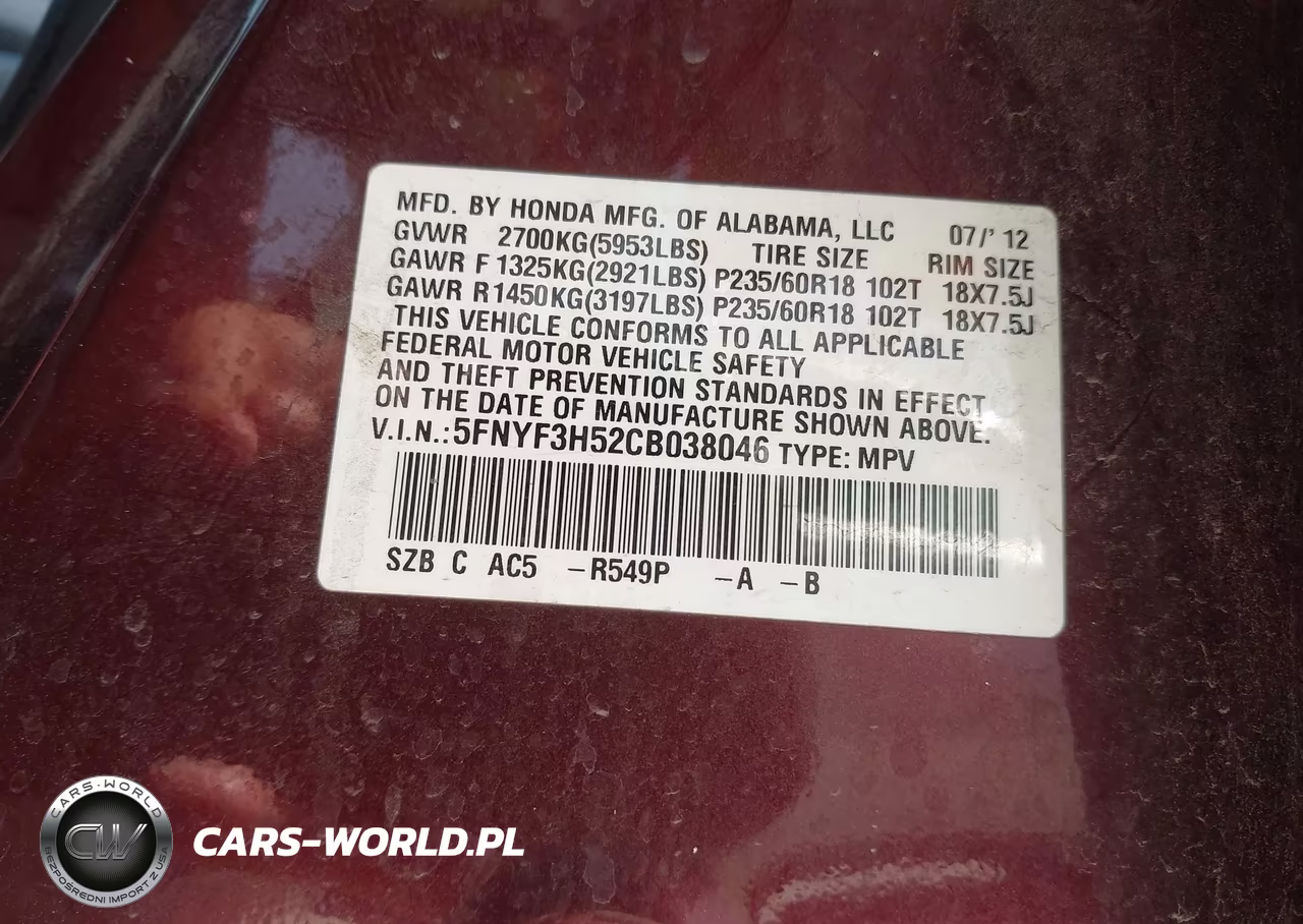 2012 Honda Pilot Ex-L VIN:5FNYF3H52CB038046 - 9