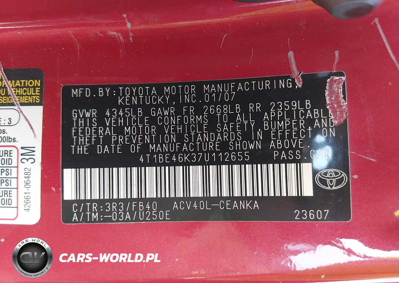 2007 Toyota Camry Le VIN:4T1BE46K37U112655 - 9