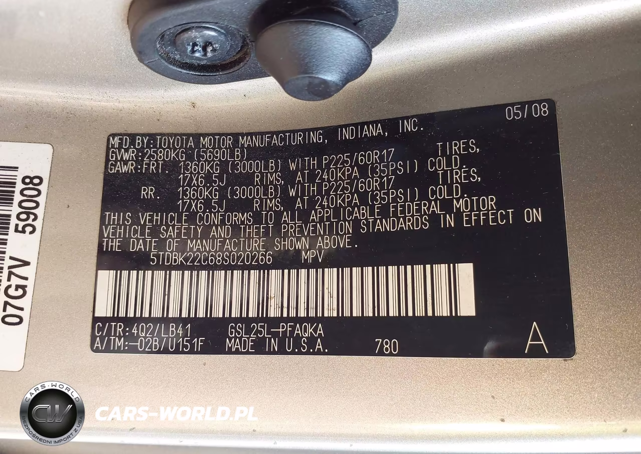 2008 Toyota Sienna Limited VIN:5TDBK22C68S020266 - 9