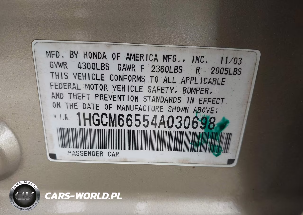2004 Honda Accord 3.0 Ex VIN:1HGCM66554A030698 - 9