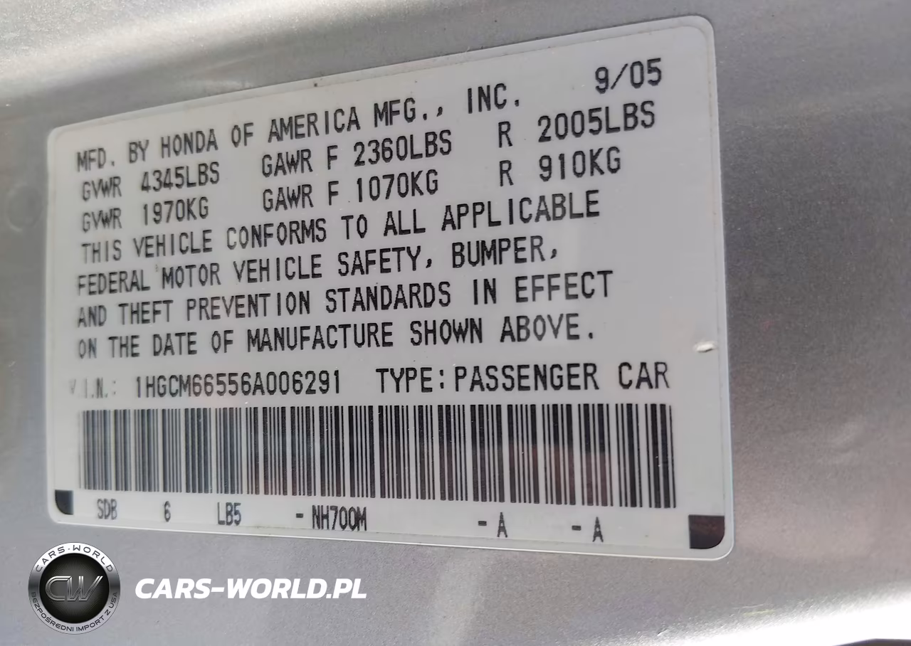 2006 Honda Accord 3.0 Ex VIN:1HGCM66556A006291 - 9