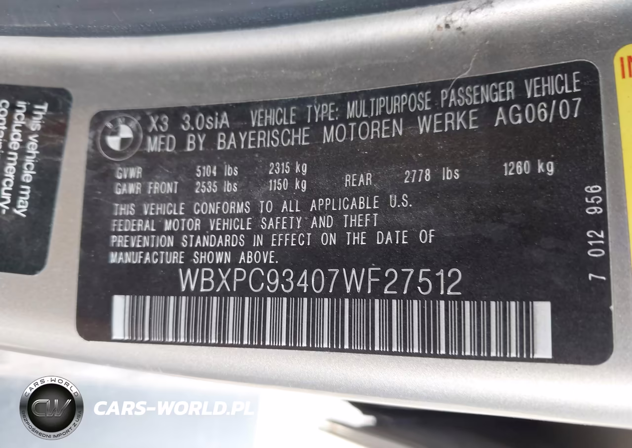 2007 BMW X3 3.0Si VIN:WBXPC93407WF27512 - 9