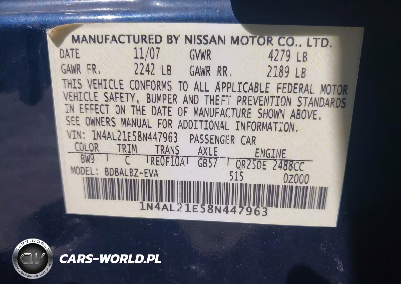 2008 Nissan Altima 2.5 Sl VIN:1N4AL21E58N447963 - 9