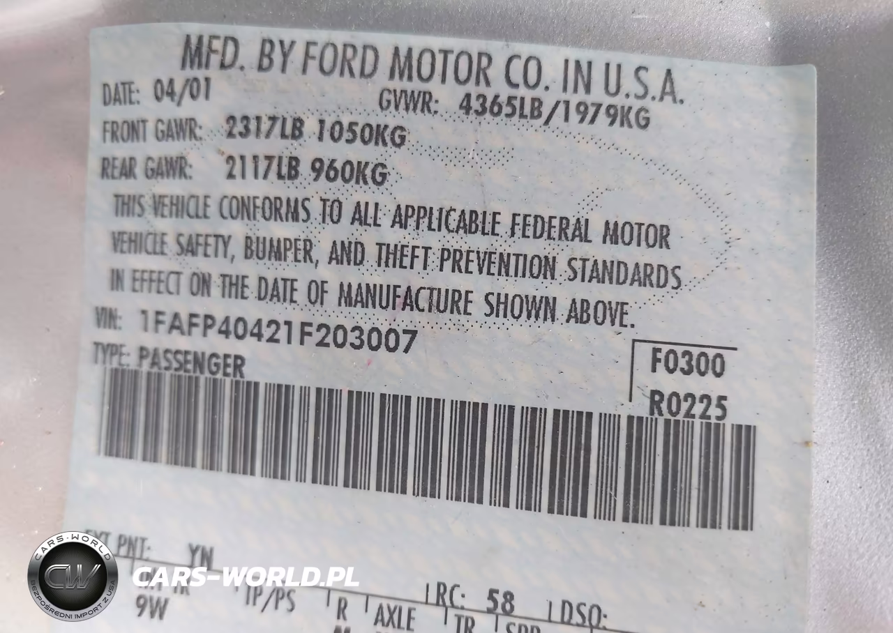 2001 Ford Mustang VIN:1FAFP40421F203007 - 9