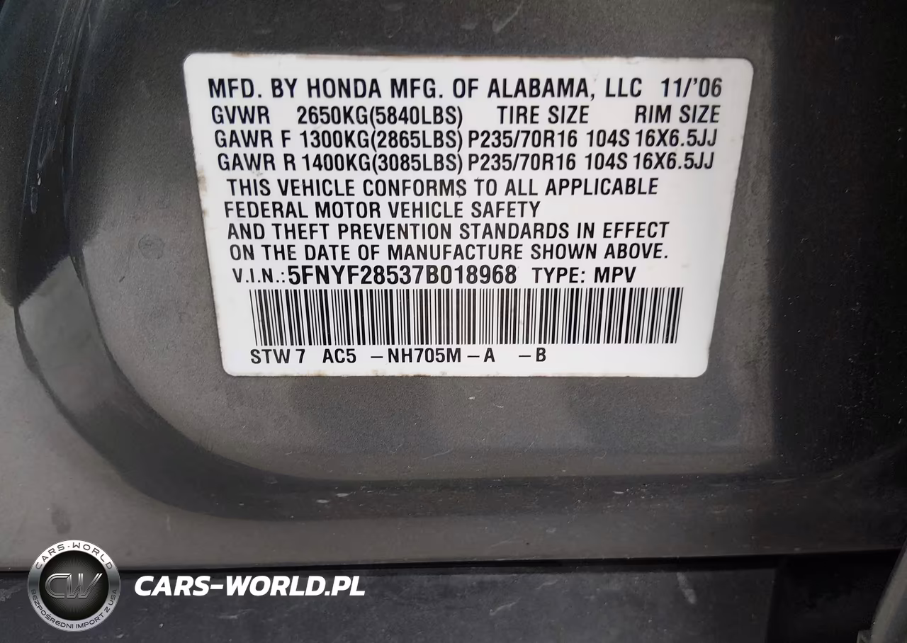 2007 Honda Pilot Ex-L VIN:5FNYF28537B018968 - 9