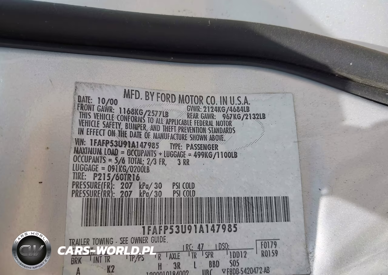 2001 Ford Taurus Se VIN:1FAFP53U91A147985 - 9