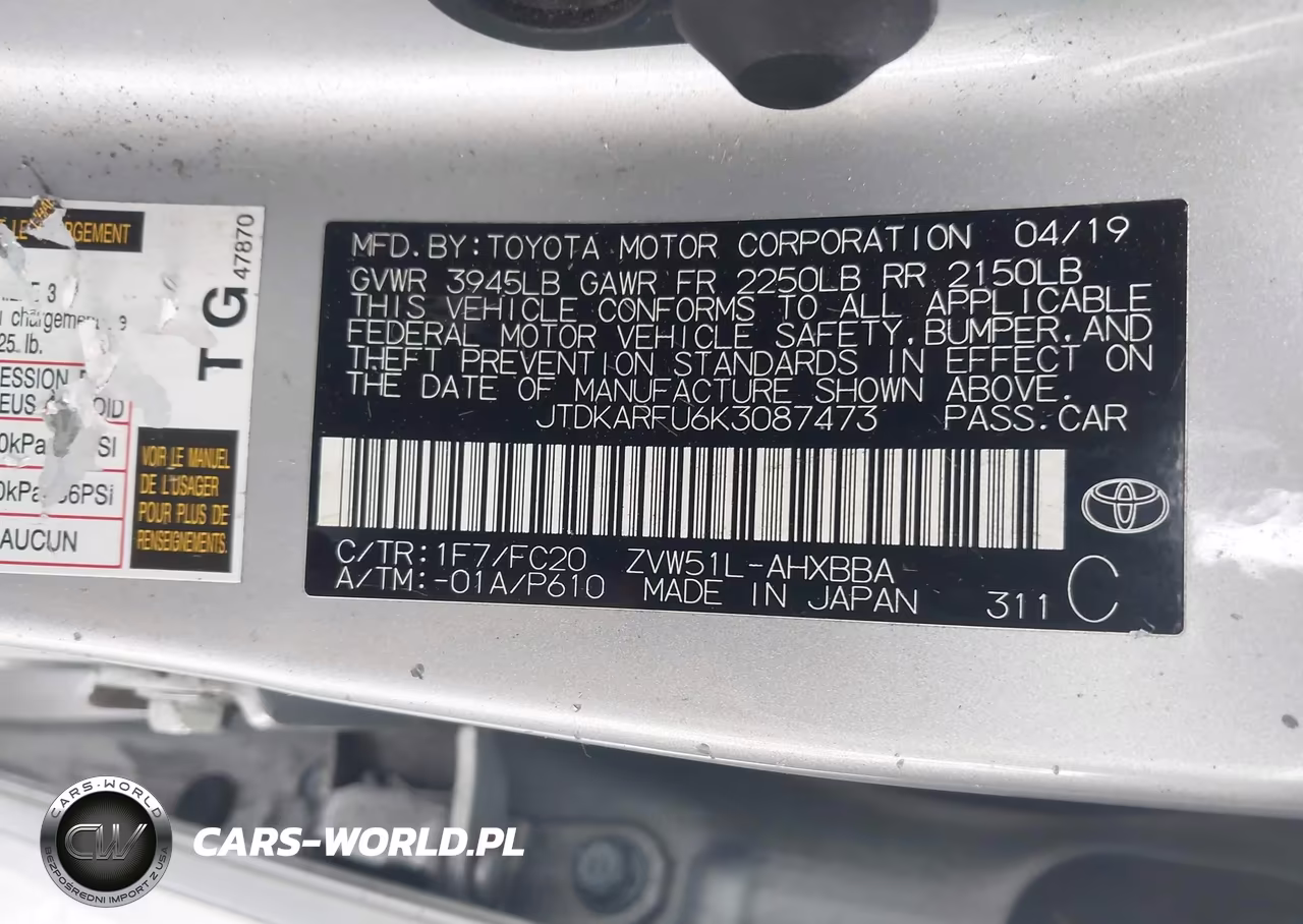 2019 Toyota Prius L Eco VIN:JTDKARFU6K3087473 - 9