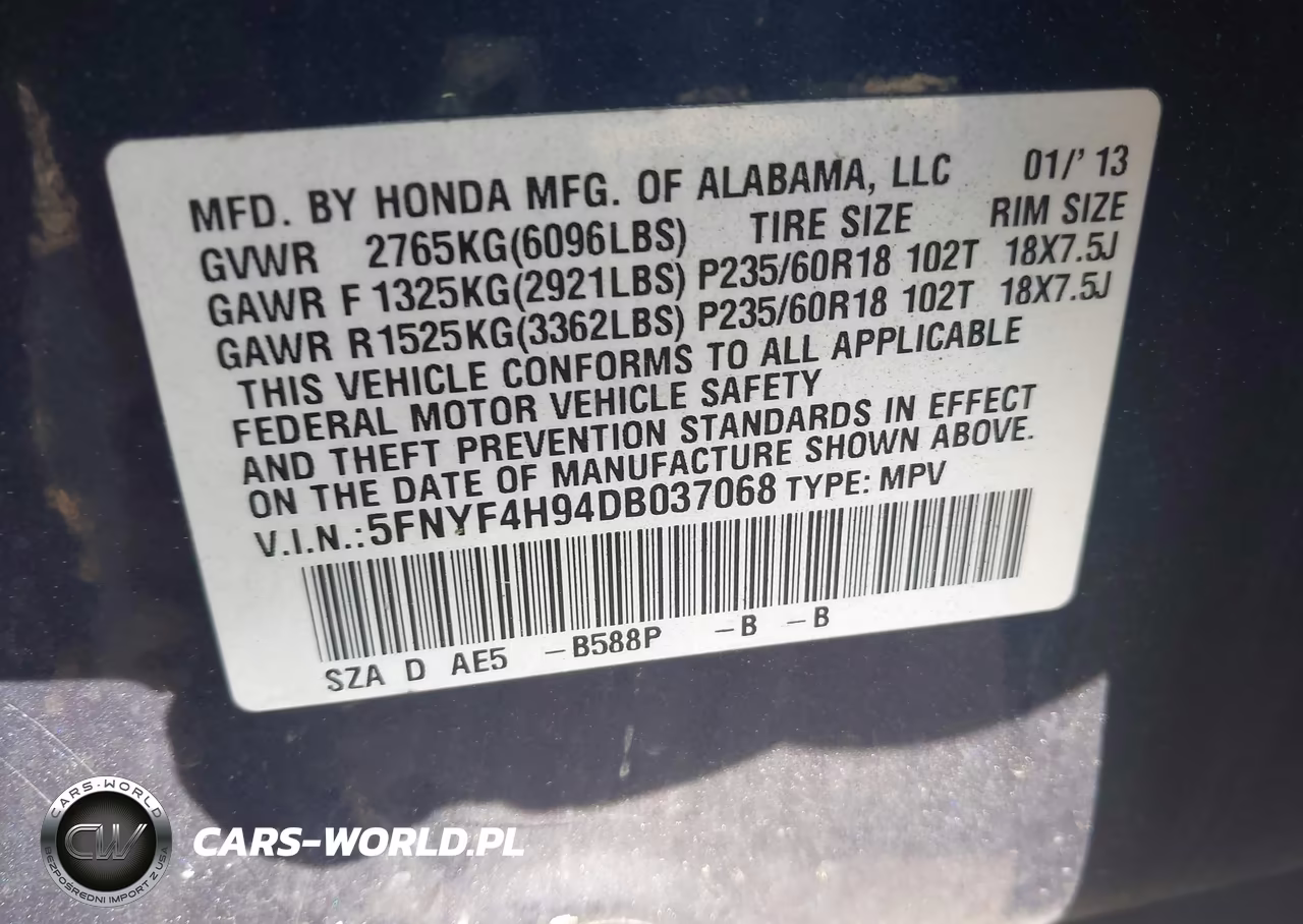 2013 Honda Pilot Touring VIN:5FNYF4H94DB037068 - 9