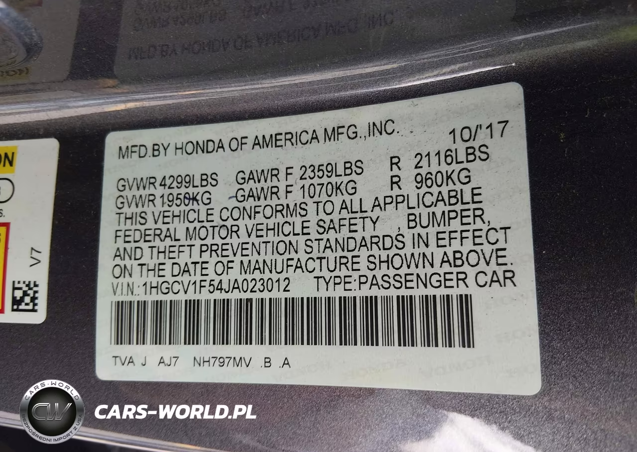 2018 Honda Accord Ex-L VIN:1HGCV1F54JA023012 - 9