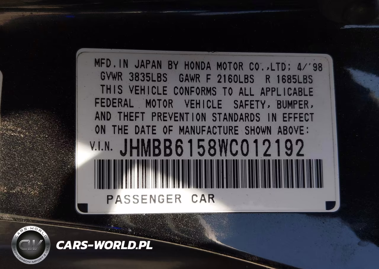 1998 Honda Prelude Type Sh VIN:JHMBB6158WC012192 - 9