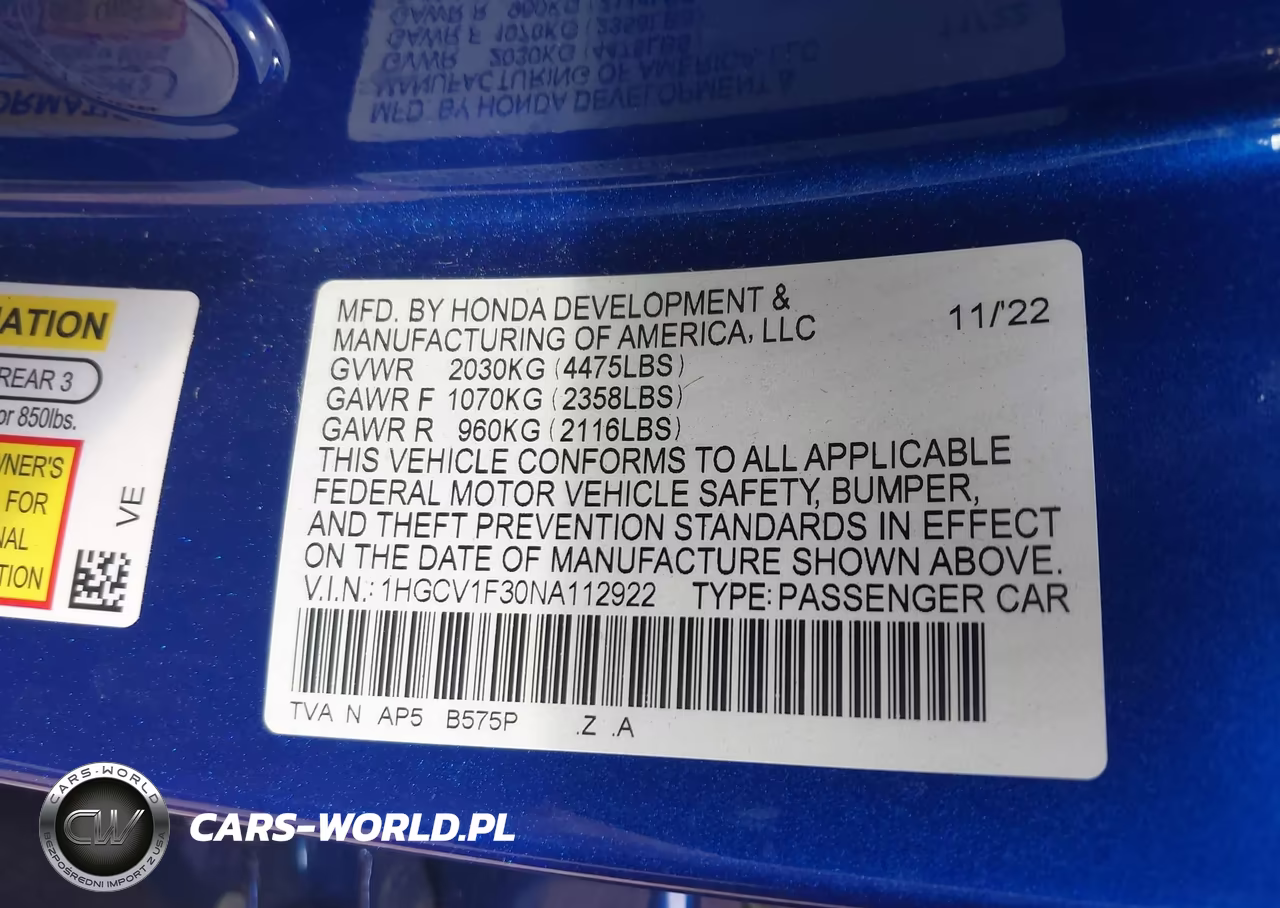 2022 Honda Accord Sport VIN:1HGCV1F30NA112922 - 9