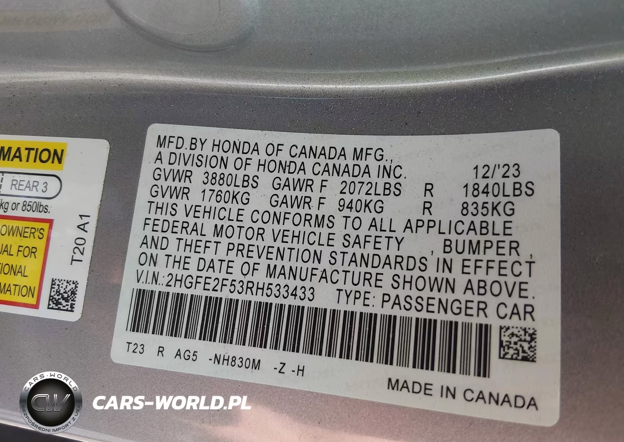 2024 Honda Civic Sport VIN:2HGFE2F53RH533433 - 9