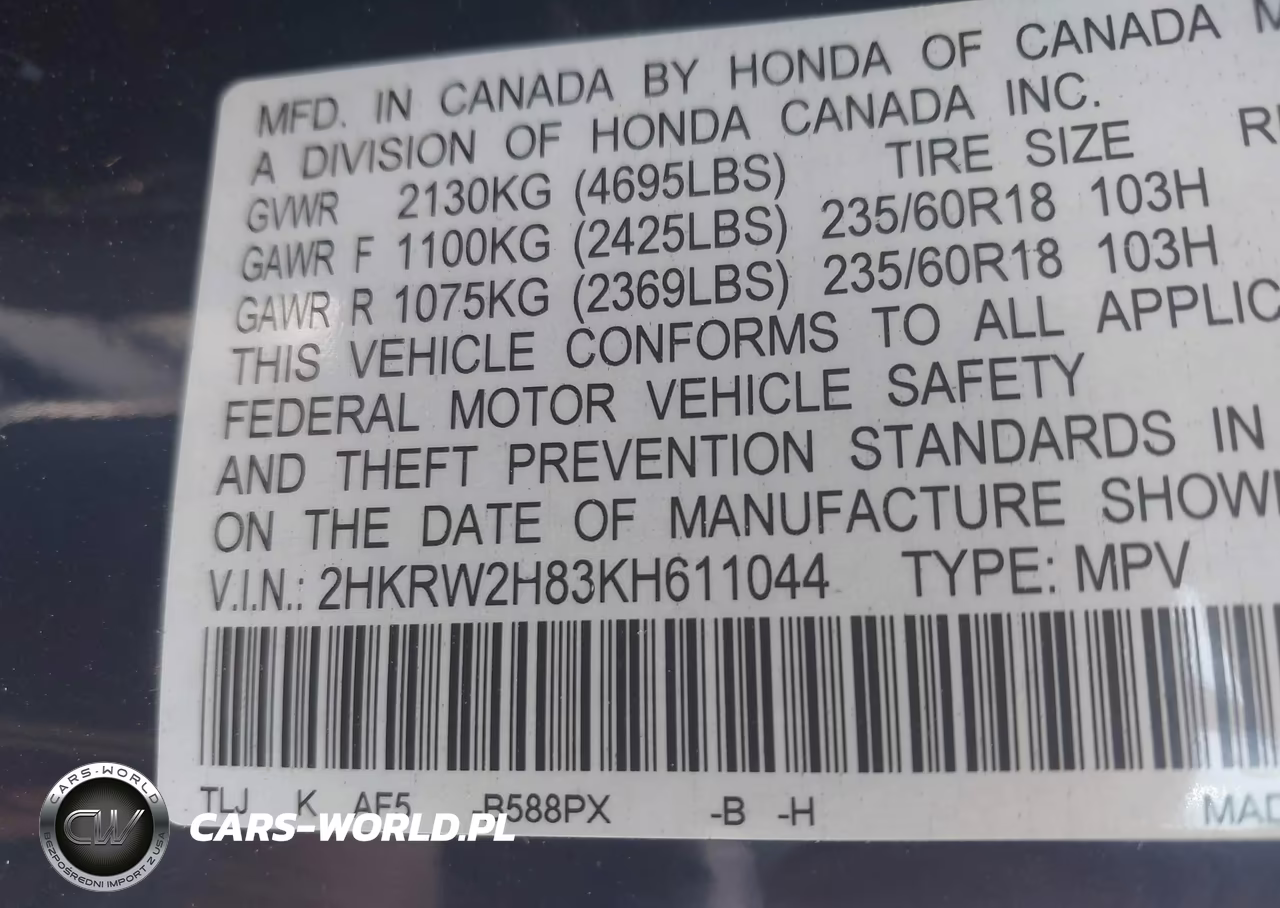 2019 Honda Cr-V Ex-L VIN:2HKRW2H83KH611044 - 9