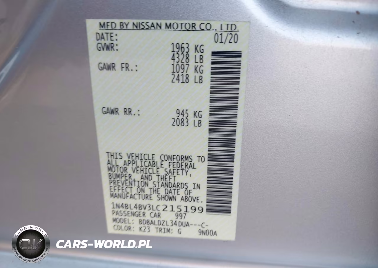 2020 Nissan Altima S Fwd VIN:1N4BL4BV3LC215199 - 9