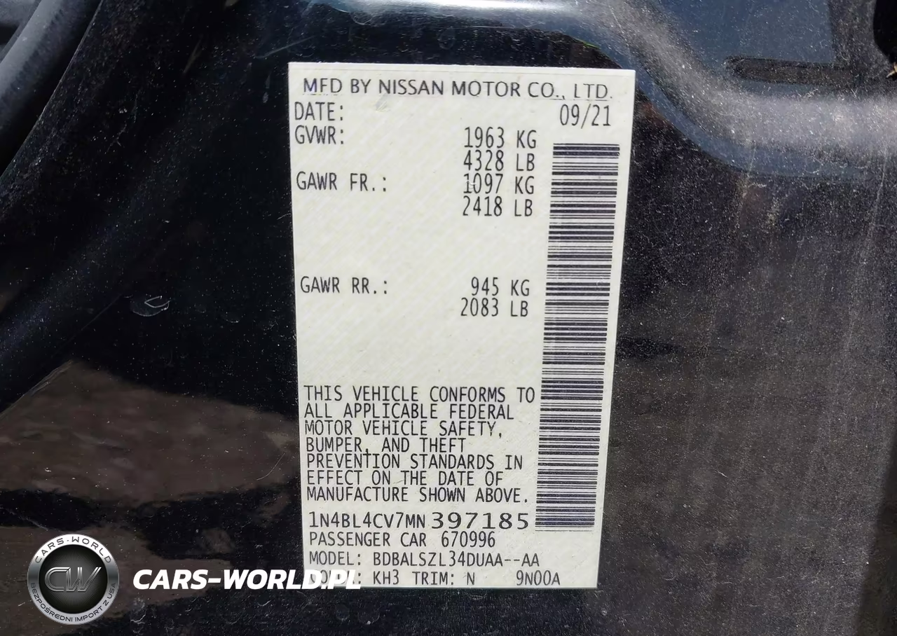 2021 Nissan Altima Sr Fwd VIN:1N4BL4CV7MN397185 - 9