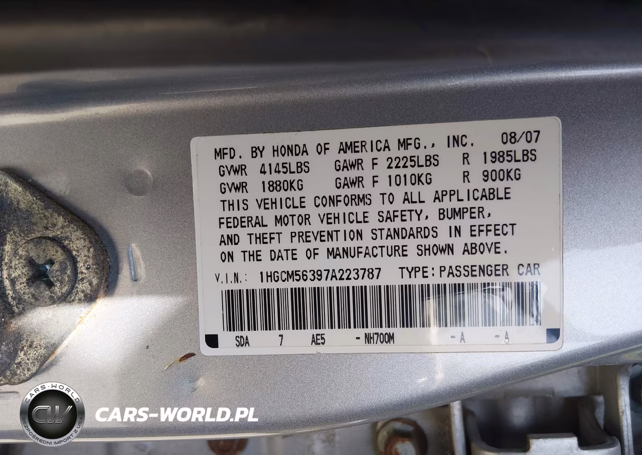 2007 Honda Accord 2.4 Se VIN:1HGCM56397A223787 - 9