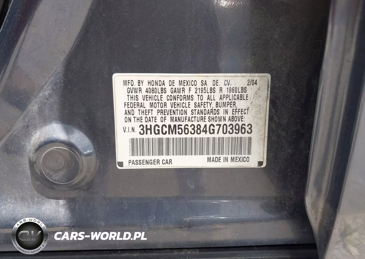 2004 Honda Accord 2.4 Lx VIN:3HGCM56384G703963 - 9