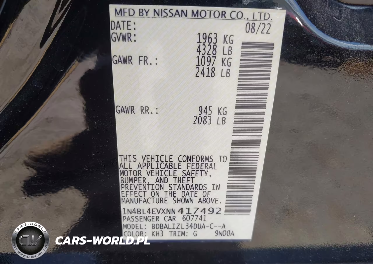 2022 Nissan Altima Sl Fwd VIN:1N4BL4EVXNN417492 - 9