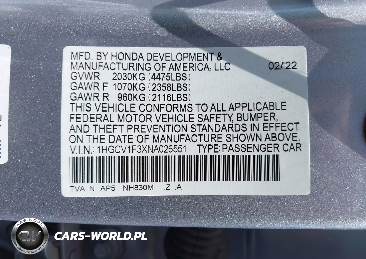 2022 Honda Accord Sport VIN:1HGCV1F3XNA026551 - 9