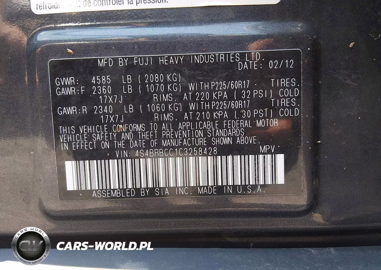 2012 Subaru Outback 2.5I Premium VIN:4S4BRBCC1C3258428 - 9