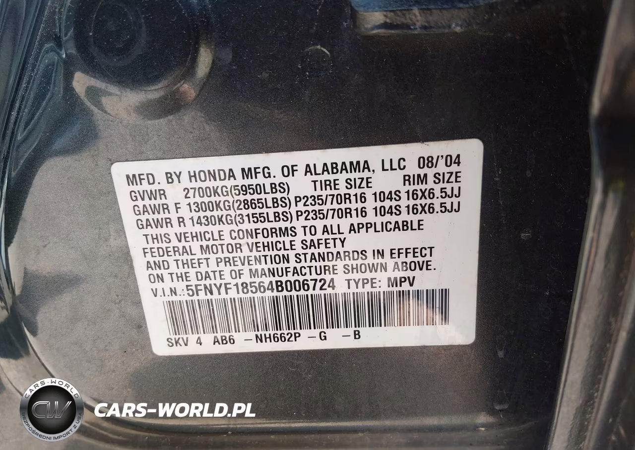 2004 Honda Pilot Ex-L VIN:5FNYF18564B006724 - 9